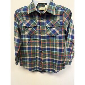 LL Bean Kids Green Blue Plaid Flannel Button Down Shirt Size 6X-7 258321